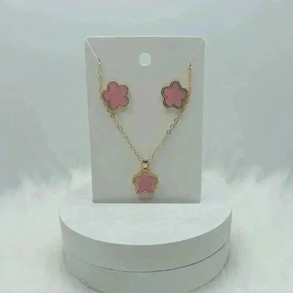 Chrystelle Pink Flower Necklace & Earring Set - Picture 5 of 7